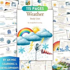 Puede incluir: Una unidad de estudio del clima de 115 páginas, con una colorida ilustración de un arcoíris, sol, nubes y relámpagos. La portada incluye el título "Weather Study Unit" y el texto "By AmalgaMind Learning". Páginas adicionales muestran diagramas e información relacionada con el clima.