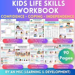 Puede incluir: Un libro de ejercicios de habilidades para la vida para niños de 90 páginas de MSC Learning & Development. La portada muestra varias hojas de actividades centradas en la confianza, el afrontamiento y la independencia, incluyendo secciones sobre el diálogo interno.