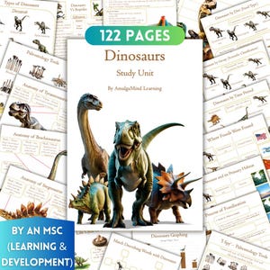 May include: A study unit titled "Dinosaurs" with illustrations of various dinosaurs. The cover features a T-Rex, Stegosaurus, and other dinosaurs. The study unit includes 122 pages and is designed for learning and development.