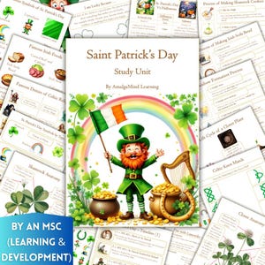 May include: A St. Patrick's Day study unit with a leprechaun illustration, Irish flag, rainbow, and gold coins. The cover reads "Saint Patrick's Day Study Unit" by AmalgaMind Learning. Additional educational materials are visible.