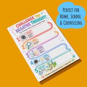 May include: A white worksheet titled Challenge the Negative Thought with five numbered steps, colorful icons, and blank lines for writing. The text includes prompts like Catch the Thought, Check the Facts, Question the Thought, Change the Thought, and Choose Your Next Step.