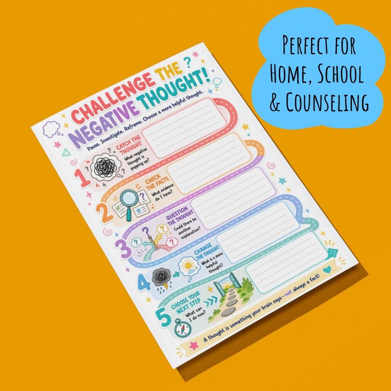 May include: A white worksheet titled Challenge the Negative Thought with five numbered steps, colorful icons, and blank lines for writing. The text includes prompts like Catch the Thought, Check the Facts, Question the Thought, Change the Thought, and Choose Your Next Step.