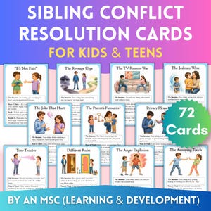 May include: A set of 72 Sibling Conflict Resolution Cards for Kids & Teens featuring illustrated scenarios like The TV Remote War and The Jealousy Wave. Each card includes a situation description and a pause and think section for guidance.