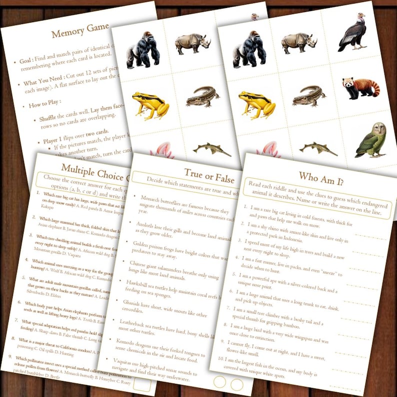 May include: Educational game cards featuring animal illustrations, including a gorilla, rhino, frog, and owl. The cards are designed for memory games, multiple-choice quizzes, and true/false questions, promoting learning about endangered species.