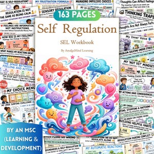 Könnte beinhalten: Ein 163-seitiges Self Regulation SEL-Arbeitsbuch von AmalgaMind Learning mit einer zentralen Illustration einer Person mit dunklem Haar, lila T-Shirt und blauer Hose, umgeben von bunten Wolken, Herzen und Blitzsymbolen auf weißem Hintergrund.