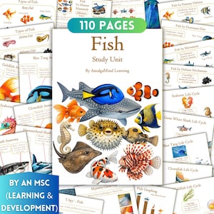 May include: A Fish Study Unit educational workbook by Amalgamind Learning featuring 110 pages. The cover displays a colorful illustration of various fish species including a whale shark, clownfish, pufferfish, stingray, and koi fish on a white background.