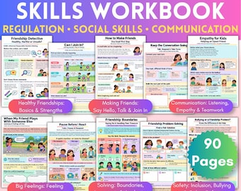 Puede incluir: Un libro de ejercicios de 90 páginas sobre habilidades sociales, comunicación y regulación emocional para niños. Incluye fichas educativas sobre cómo hacer amigos, empatía, límites en la amistad y resolución de conflictos sociales.