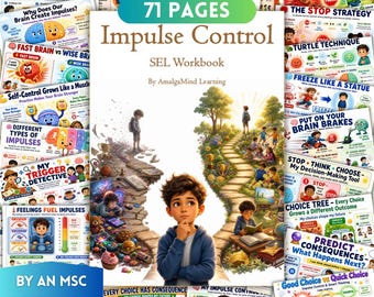 Könnte beinhalten: Ein 71-seitiges Arbeitsbuch zur Impulskontrolle von Amalgamind Learning. Das Cover zeigt eine junge Person mit braunen Haaren und blauem Kapuzenpullover vor einer Illustration eines geteilten Pfades mit verschiedenen Lernaktivitäten.