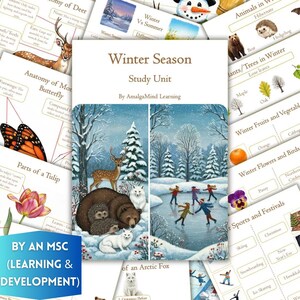 Op de afbeelding: Een Winter Season Study Unit lespakket van Amalgamind Learning met geïllustreerde werkbladen over dieren, planten en winteractiviteiten. De omslag toont een besneeuwd bos met een hert, een beer, egels, vossen en mensen die aan het schaatsen zijn.