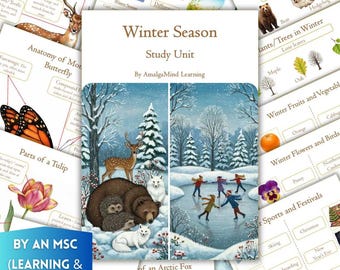 Winter Unit Study, Winter Animals, bear, fox, Winter Tree, oak, Winter Bird, Winter activities, Winter nature, Winter homeschool, montessori