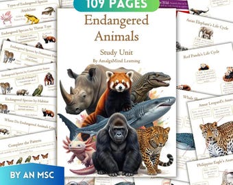 Endangered Animals Unit Study Printable, Flashcards, Homeschool Curriculum | Montessori, Worksheets, Activities, Life Cycle, Kids Busy Book