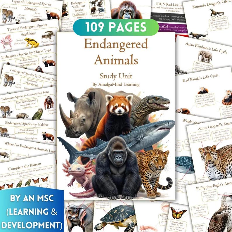May include: A study unit titled "Endangered Animals" with a cover featuring a rhino, red panda, gorilla, shark, and leopard. The image includes the text "109 Pages" and "By AmalgaMind Learning". Additional pages show animal life cycles and species information.