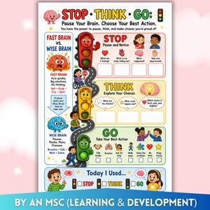 May include: An educational poster titled STOP THINK GO featuring a traffic light character and illustrations of children. It includes sections for pausing, exploring choices, and taking action, with blank boxes for writing and colourful brain icons.