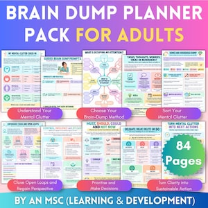 May include: A digital planner pack titled Brain Dump Planner Pack for Adults, featuring 84 pages of colorful, structured templates for mental organization, including check-ins, guided prompts, mind maps, and task prioritization worksheets.