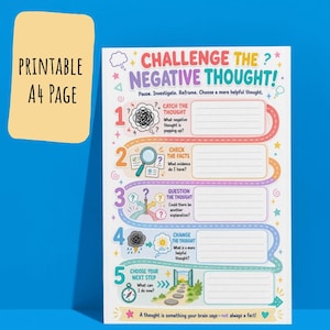 May include: A printable A4 page titled Challenge the Negative Thought with five numbered steps. Each step includes a prompt, a graphic icon, and blank lines for writing. The colorful worksheet features a winding path design on a white background.