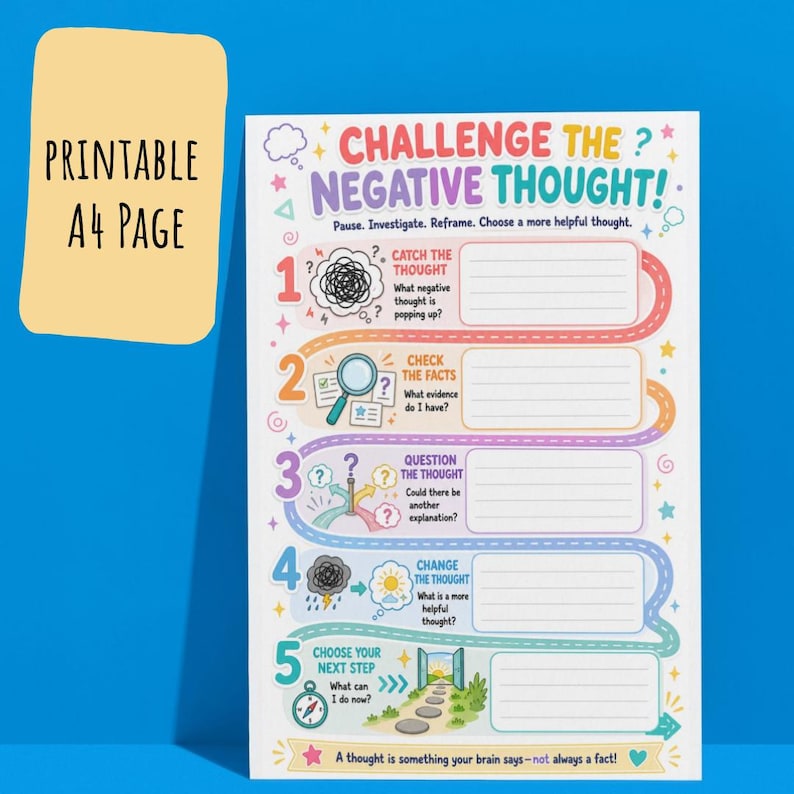 May include: A printable A4 page titled Challenge the Negative Thought with five numbered steps. Each step includes a prompt, a graphic icon, and blank lines for writing. The colorful worksheet features a winding path design on a white background.
