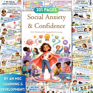 May include: A 201-page workbook titled Social Anxiety & Confidence by AmalgaMind Learning. The cover features a central illustration of a child in a superhero cape surrounded by diverse children, colorful icons, and various activity page previews.