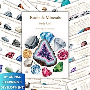 Może przedstawiać: Jednostka edukacyjna "Skały i Minerały" z ilustracjami różnych kamieni szlachetnych i rodzajów skał. Okładka przedstawia geodę i diamenty. Dodatkowe strony szczegółowo opisują cykle skał i właściwości.