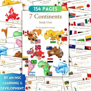 Op de afbeelding: Een studie-eenheid getiteld "7 Continents" met 154 pagina's, met kleurrijke kaarten en vlaggen van verschillende landen. De omslag toont een wereldkaart met vlaggen en illustraties. Extra kaarten tonen beroemde gerechten, bezienswaardigheden en dieren.