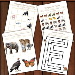 May include: Four white activity sheets with animal-themed puzzles. One sheet features a Sudoku game with endangered species. Another has a pattern completion exercise. A third sheet is a four-piece puzzle, and the last is a butterfly maze.