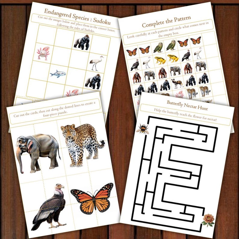 May include: Four white activity sheets with animal-themed puzzles. One sheet features a Sudoku game with endangered species. Another has a pattern completion exercise. A third sheet is a four-piece puzzle, and the last is a butterfly maze.