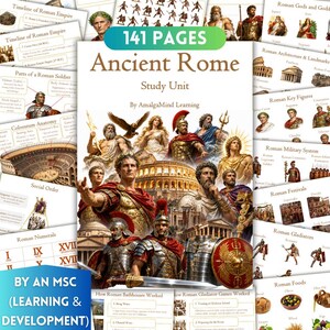 Pode incluir: Uma unidade de estudo sobre a Roma Antiga de 141 páginas da AmalgaMind Learning com uma ilustração central de figuras romanas, soldados e o Coliseu, rodeada por várias páginas educativas que detalham a história e a cultura romana.