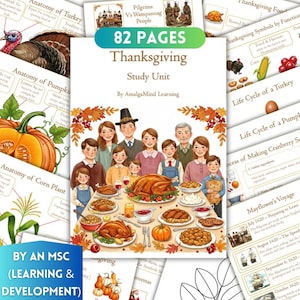 Pode incluir: Uma unidade de estudo com o tema Ação de Graças com o texto "82 PAGES Thanksgiving Study Unit". A capa apresenta uma família reunida em volta de uma mesa farta. Páginas adicionais mostram ilustrações de perus, abóboras e milho.