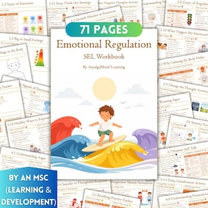 May include: A 71-page Emotional Regulation SEL Workbook by Amalgamind Learning featuring a cover illustration of a child surfing on a yellow board amidst red, blue, and purple waves under a pale sun, surrounded by various educational activity pages.