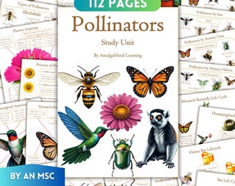 May include: A study unit titled "Pollinators" with 112 pages, featuring illustrations of bees, butterflies, a hummingbird, and a lemur. The cover includes text and is surrounded by educational cards about pollinators.