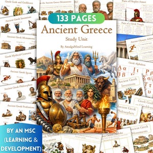 Può includere: Un'unità didattica di 133 pagine sull'Antica Grecia di AmalgaMind Learning con un'illustrazione centrale di divinità greche, un guerriero oplitico, Medusa e un tempio. Le pagine circostanti mostrano contenuti educativi sulla storia e cultura greca.