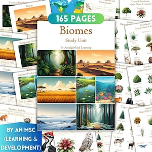 May include: A study unit on biomes with 165 pages, featuring illustrations of various ecosystems like rainforests, deserts, and grasslands. The cover displays the title "Biomes Study Unit" and is created by AmalgaMind Learning.