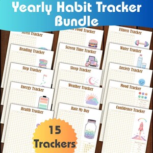 Könnte beinhalten: Ein Bundle mit 15 jährlichen Gewohnheitstrackern. Die Tracker umfassen Kategorien wie Fitness, Lesen und Stimmung. Jeder Tracker hat ein Raster zur täglichen Verfolgung und ist mit kleinen Illustrationen versehen. Das Bundle trägt die Aufschrift "Yearly Habit Tracker Bundle".