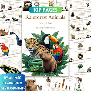 Könnte beinhalten: Ein 109-seitiges Lernpaket über Regenwaldtiere von AmalgaMind Learning. Das Titelblatt zeigt einen Jaguar, Tukan, Ara, ein Wasserschwein und eine grüne Schlange inmitten tropischer Blätter, umgeben von verschiedenen Arbeitsblättern zu Anatomie und Lebenszyklen.