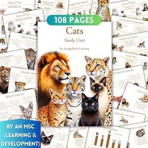 Puede incluir: Una unidad de estudio de "Gatos" de 108 páginas, con ilustraciones de varias razas de gatos, incluyendo leones, tigres y gatos domésticos. La portada muestra un grupo de ilustraciones de gatos. La unidad es de AmalgaMind Learning.