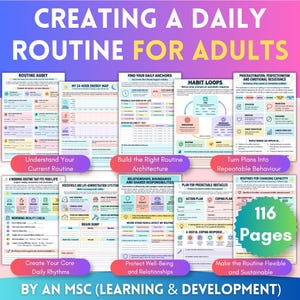 Könnte beinhalten: Eine Sammlung druckbarer Arbeitsblätter mit dem Titel Creating a Daily Routine for Adults, die Abschnitte wie Routine Audit, My 24-Hour Energy Map, Habit Loops und Procrastination, Perfectionism and Emotional Resistance enthält und insgesamt 116 Seiten umfasst.
