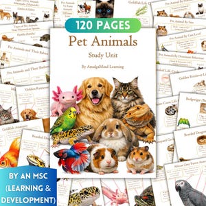 Puede incluir: Una unidad de estudio titulada "Animales de compañía" con 120 páginas, que presenta un collage de varias mascotas, incluyendo un golden retriever, un gato, un ajolote, un periquito y un hámster. La unidad está diseñada para el aprendizaje.