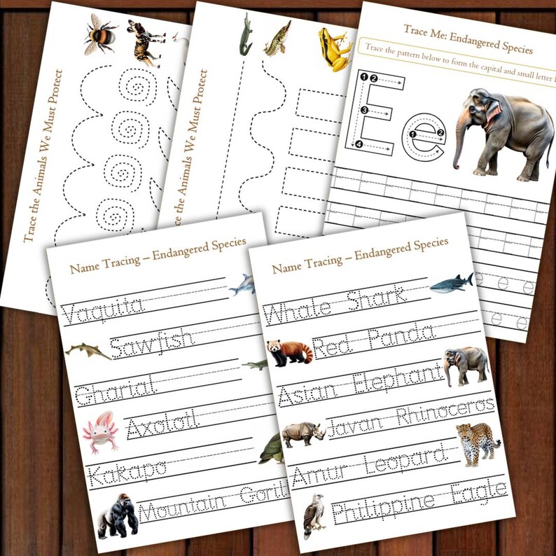 May include: Educational worksheets featuring endangered species. The pages include tracing activities for letters and names, along with illustrations of animals like the Asian elephant and whale shark. The text "Trace the Animals We Must Protect" is visible.