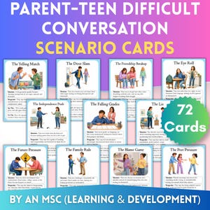 May include: A set of 72 Parent-Teen Difficult Conversation Scenario Cards featuring illustrations of various social situations. Each card includes a title, a situation description, and a perspective section. The text includes titles like The Yelling Match, The Door Slam, The Friendship Breakup, The Eye Roll, The Independence Push, The Falling Grades, The Lie, The Future Pressure, The Family Rule, The Blame Game, and The Peer Pressure.
