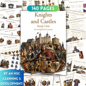 May include: A 140-page Knights and Castles study unit by AmalgaMind Learning. The cover features a central illustration of four medieval figures in armor with shields and swords in front of a large stone castle. Surrounding pages show educational content.