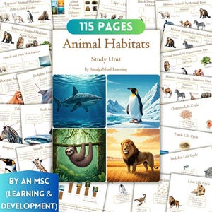 Puede incluir: Una unidad de estudio de 115 páginas sobre hábitats animales de Amalgamind Learning con hojas de trabajo educativas que incluyen ilustraciones de un tiburón, pingüino, perezoso y león, junto a diagramas de ciclos de vida y tablas.