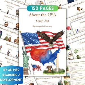 Può includere: Un'unità di studio intitolata "About the USA" con 150 pagine, con illustrazioni della bandiera americana, di un'aquila, della Statua della Libertà e della Liberty Bell. L'unità copre monumenti famosi, persone, festival, sport e invenzioni.