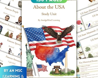 United States Unit Study Worksheets | USA Geography, History, Government, Landmarks, Culture | USA States, US Symbols Flashcards, Homeschool