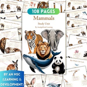 May include: A 108-page Mammals Study Unit by AmalgaMind Learning featuring a cover with illustrations of a tiger, elephant, lion, blue whale, and panda. The surrounding pages display various educational diagrams and life cycles of mammals.
