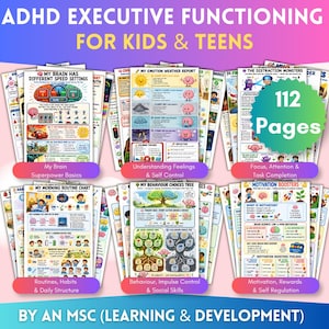 May include: A collection of 112 educational pages titled ADHD Executive Functioning for Kids & Teens. The colourful worksheets feature illustrations of brains and characters, covering topics like morning routines, emotion weather reports, and motivation.