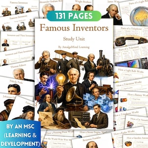 Peut inclure: Une unité d'étude de 131 pages sur les inventeurs célèbres par AmalgaMind Learning, comprenant des fiches pédagogiques et des schémas sur des figures historiques comme Thomas Edison et Nikola Tesla, avec des illustrations d'ampoules et de téléphones.