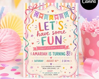Whimsical Pastel Birthday Invitation, Colorful Girl Party Template (Digital Download)