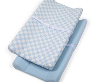 Sky Blue Checkered Muslin Changing Pad Covers 100% Cotton: 2 pack 33x17x7