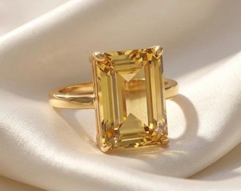 Anillo grande de citrino talla esmeralda, plata de ley 925, anillo de compromiso para mujer, joya llamativa