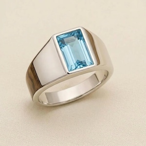 Aquamarine Rectangle Signet Ring: 925 Sterling Silver, Men's Engagement Ring, Boho Statement Jewelry
