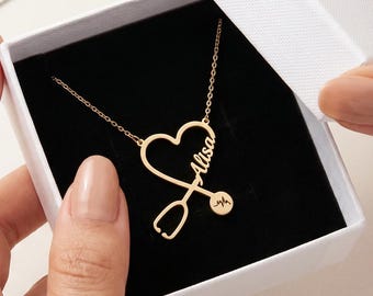 Gepersonaliseerde stethoscoopketting met naam, gouden verpleegstersieraden, doktersketting, RN afstudeercadeau, cadeau medisch student